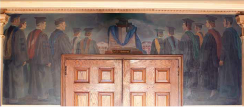 A picture of one of the murals above a set of doors. It depicts a scene of a graduation. 