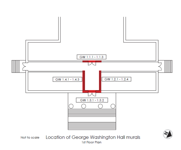 A map of the murals of George Washington Hall. The map shows the first floor plan of George Washington Hall with the sites of the murals highlighted in red.