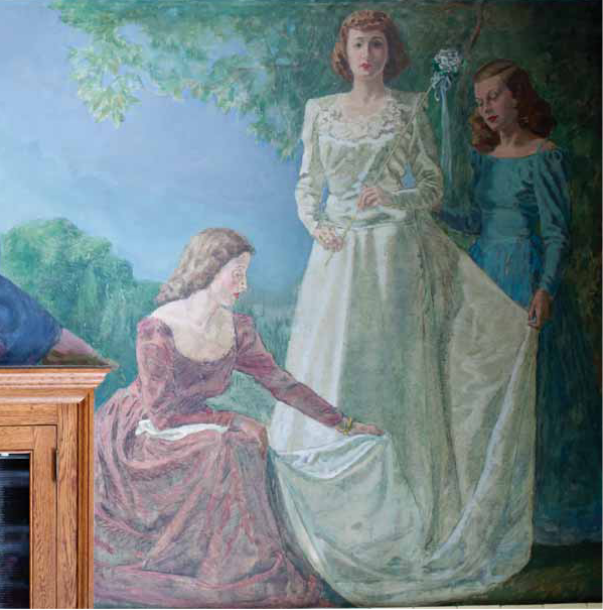 A mural depicting the May Queen Tradition. One woman is kneeling in a pink dress, to her right is the May Queen in a green dress, and behind her is a woman in a blue gown.