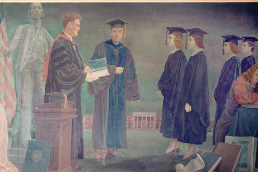 An image of one of the murals. It depicts Dean Edward Alvey, Jr. giving diplomas to graduates with Ball in the background. 