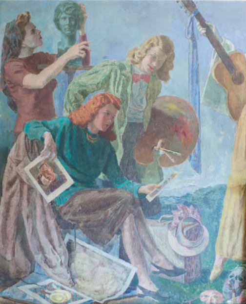 A mural of showcasing the Art Department. There are three women in it. The one in the front is wearing a blue shirt and a brown skirt. There is a pile of paintings to her left and she holds two in her hands. The one in the right hand is facing the camera and she is looking at the one in her left. The woman behind her is also looking at the painting. She has a white shirt, a green jacket, red bow tie, and a black skirt. She holds an essal in her hand. Behind them a woman in a shirt shirt looks at a statue. 