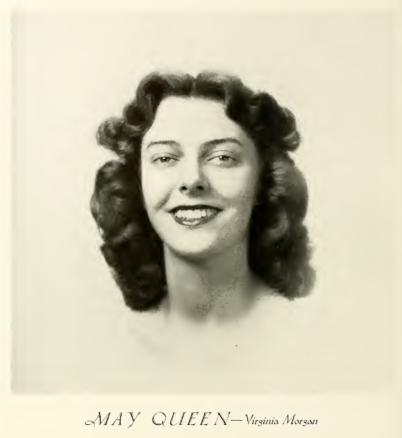 A picture of Virginia Morgan. She had curly hair and she's smiling at the camera. The image has a drawing-like quality to it.