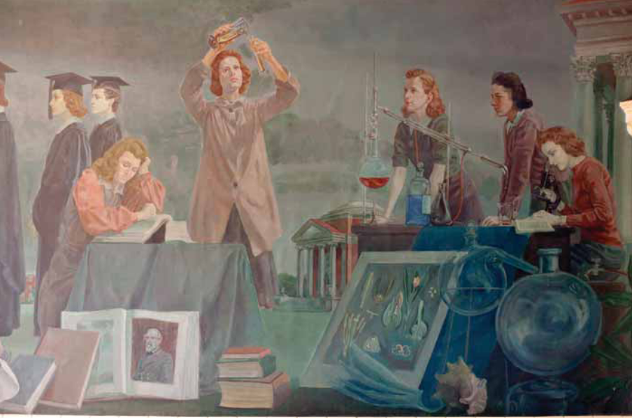 An image of a mural that represents different academic pursuits on campus. To the left you can see a graduation in progress. In front of them a woman with blonde hair pours over books. Beside her a woman with red curls is messing with beakers. The right of the mural has three women behind a table with a blue tablecloth. In the background Farmer Hall can be seen.