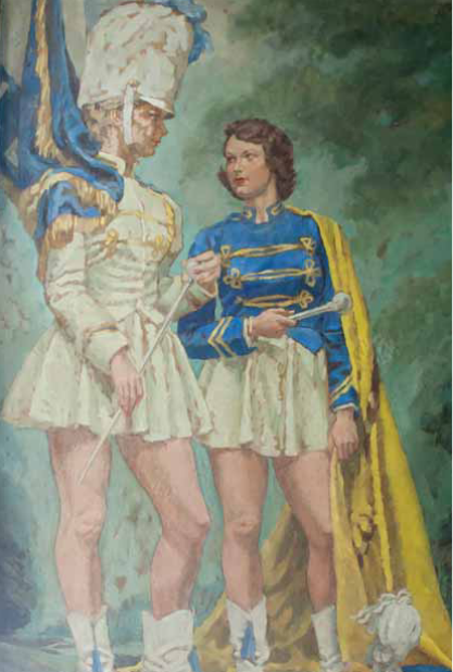 A mural depicting the marching band. Dawn Van Duskirk serves as the figure to the right representing the majorette. She has a white skirt, a blue long-sleeve shirt, and a long yellow cape. To the left dressed in a white uniform with a plumed hat is Doris Ann Lindsey. Whitfield 