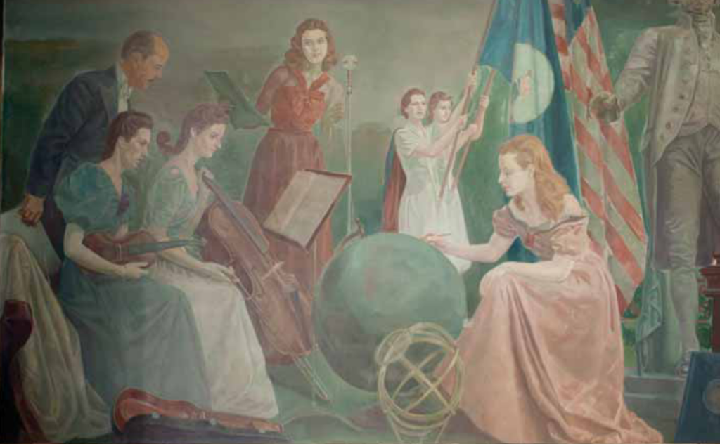 A picture of one of the murals. It contains a trio of figures representing the Music Department.  Assistant Professor of Music Ronald Faulkner, the director of the band, stands behind Margaret Ann Jones ’41 holding the violin and Constance Pusey ’43 sitting with the cello. Ronald wears a suit, Margaret is in a dress with a blue/green top and a white skirt. Constance wears a blue dress with puffy sleeves. To the right is a girl in a pink dress looking at a globe. Behind them figures are waving flags as one girl in a red dress stands behind a microphone. 