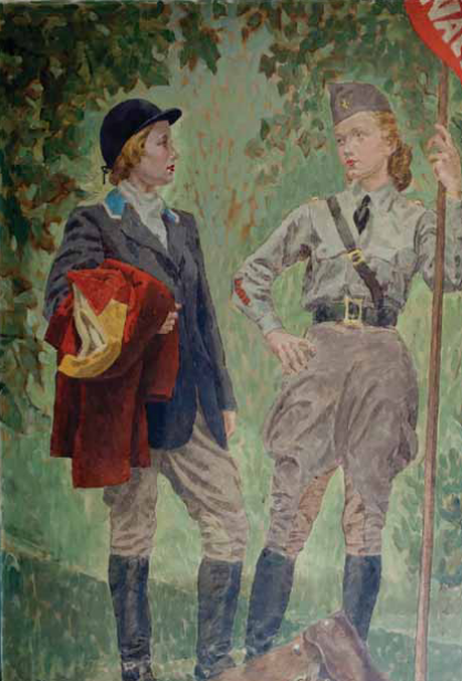 A mural of two figures in riding clothes. One woman, Phyllis Nash, is on the left in blue competition dress. To her right is Dorothy "Dot" Reisig is painted in her uniform and drawing the pennant of the Calvary Troop.