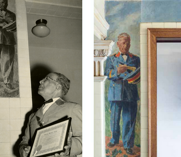 On the left is the same black and white image of Wallace Alsop on the home page. It is ablack and white picture of Wallace Alsop standing in front of a depiction of himself in the George Washington Hall mural. He wears glasses, has short hair, and his dressed in a suit complete with a bow tie. In his hands he has a Meritorious Service Certificate that was presented to him at a ceremony held in honor of his retirement in 1956.

The picture to the right is the mural behind Wallace Alsop in the first picture. It is in color and features him wearing a blue suit.